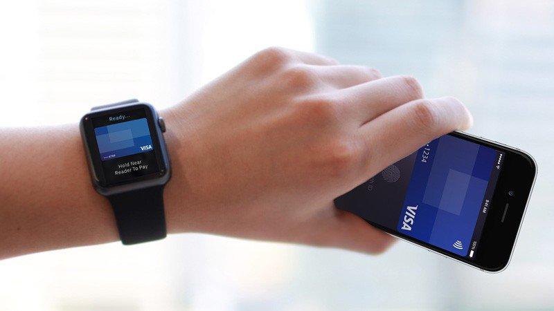 A left hand holding a mobile phone with a Visa card visible on its screen and an Apple watch on the wrist. A left hand holding a mobile phone with a Visa card visible on its screen and an Apple watch on the wrist.