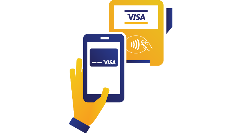 Illustration of a hand holding a mobile phone being held over a checkout terminal displaying the Contactless Symbol. Illustration of a hand holding a mobile phone being held over a checkout terminal displaying the Contactless Symbol.